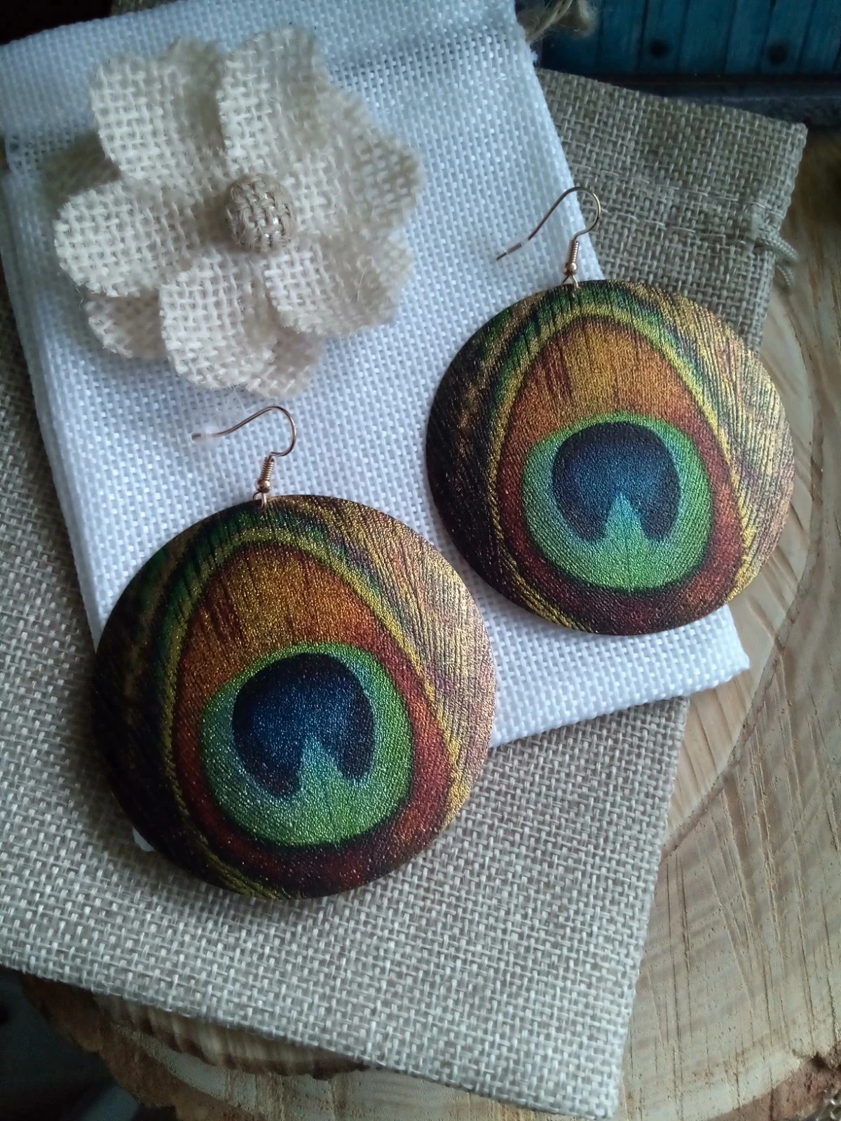 Boucles d'oreilles effet plumes de paon en acier inoxydable